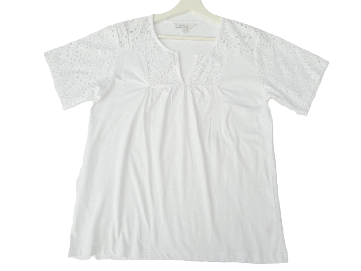 White Lace Detail V-Neck Short Sleeve Top - Summer Boho Style